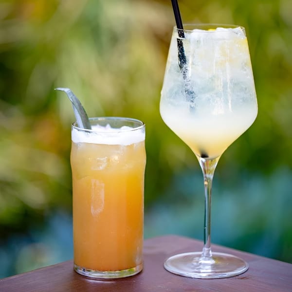 Two refreshing cocktails, one orange with a garnish and one clear with ice, on a wooden table.