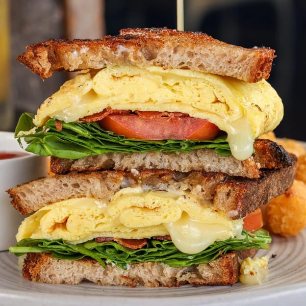 A tall breakfast sandwich with scrambled eggs, melted cheese, bacon, tomato, and spinach on toasted bread.